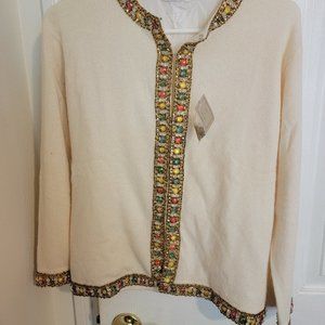 Vintage 1950s Beaded Cashmere Sweater Cardigan / Soft White + Beads